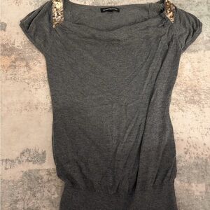 Express Gray Short Sleeve Top with Gold Sequin Shoulder Detail